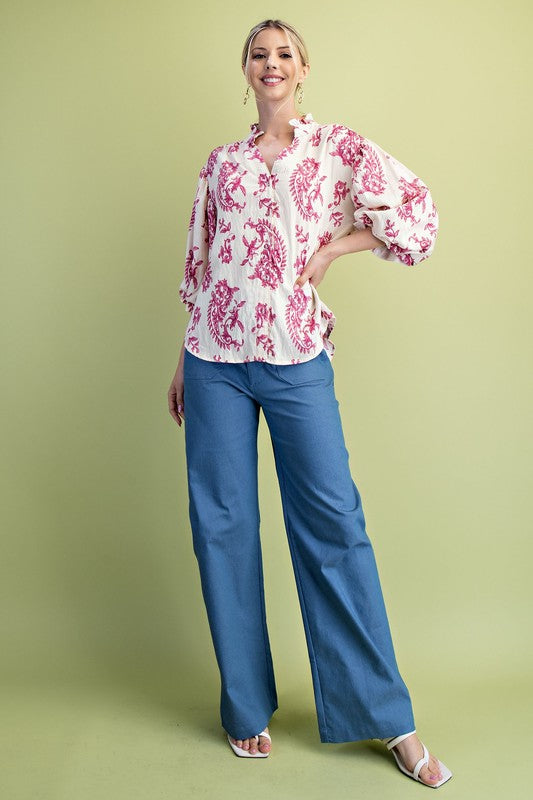 Florence Balloon Sleeve Button Down Printed Top Fuchsia