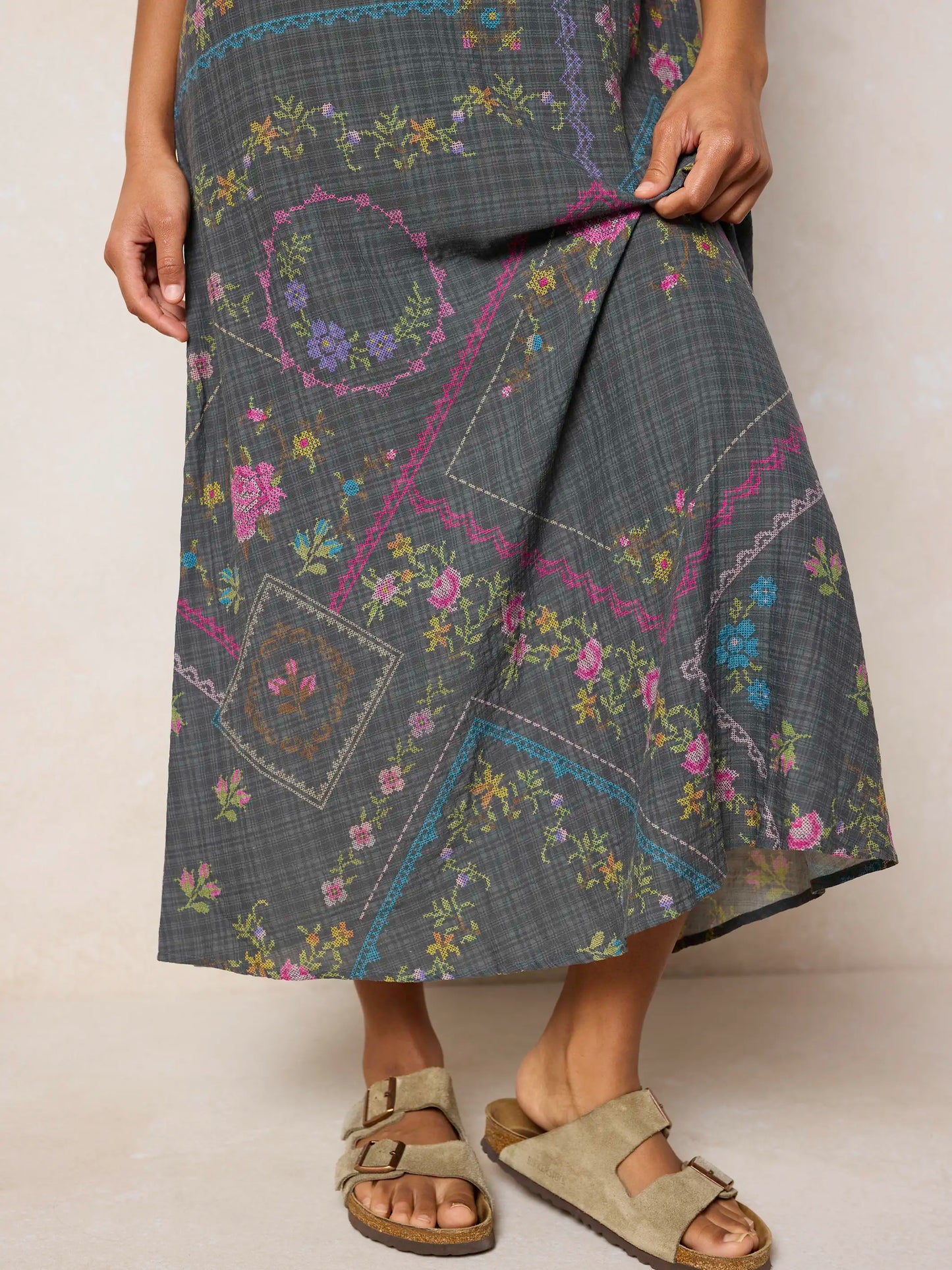 Gracie Slip Maxi Dress - Heirloom Cross Stitch Charcoal