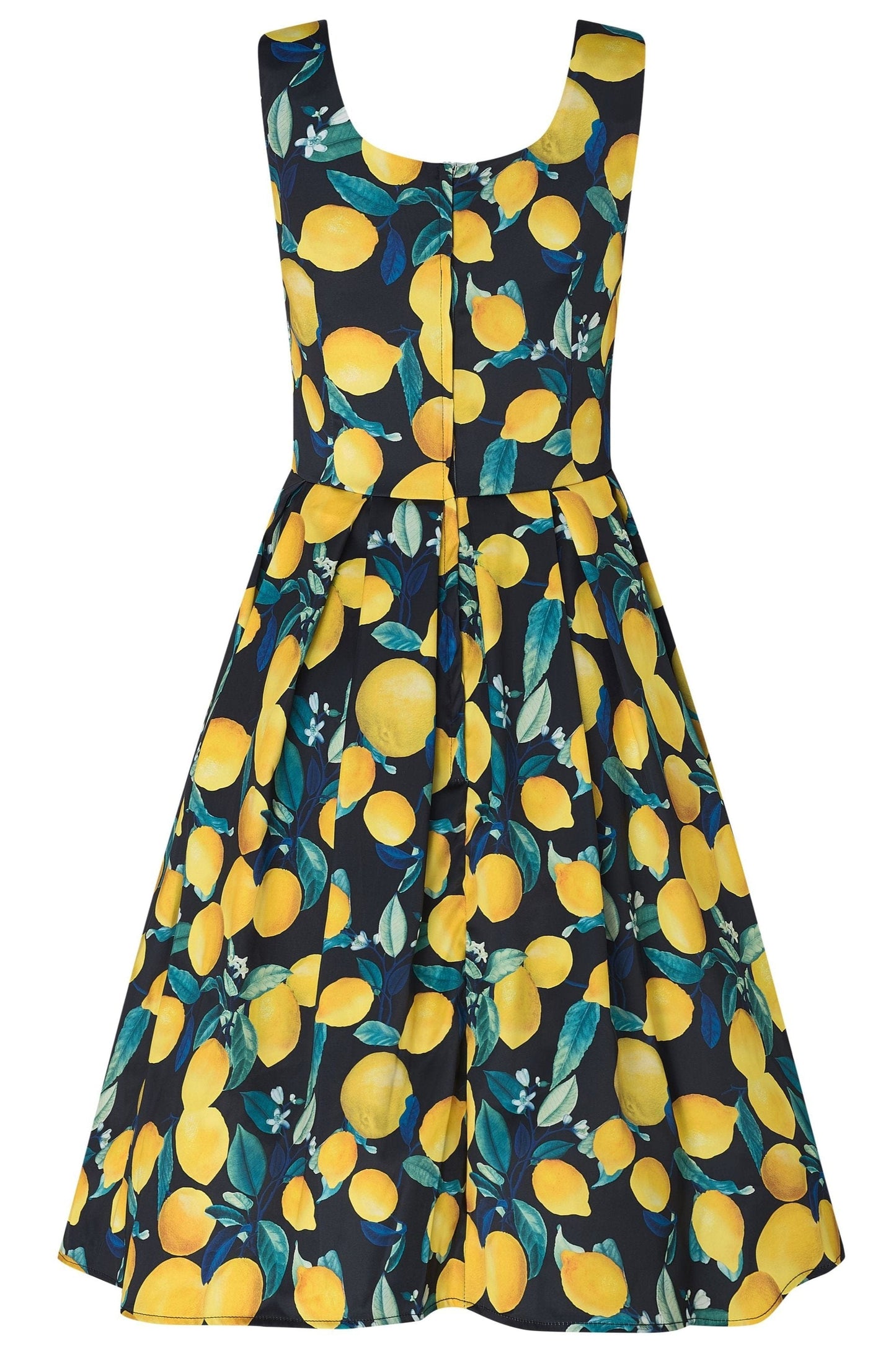 Amanda Vintage Flared Dress in Black/Yellow Lemon Print