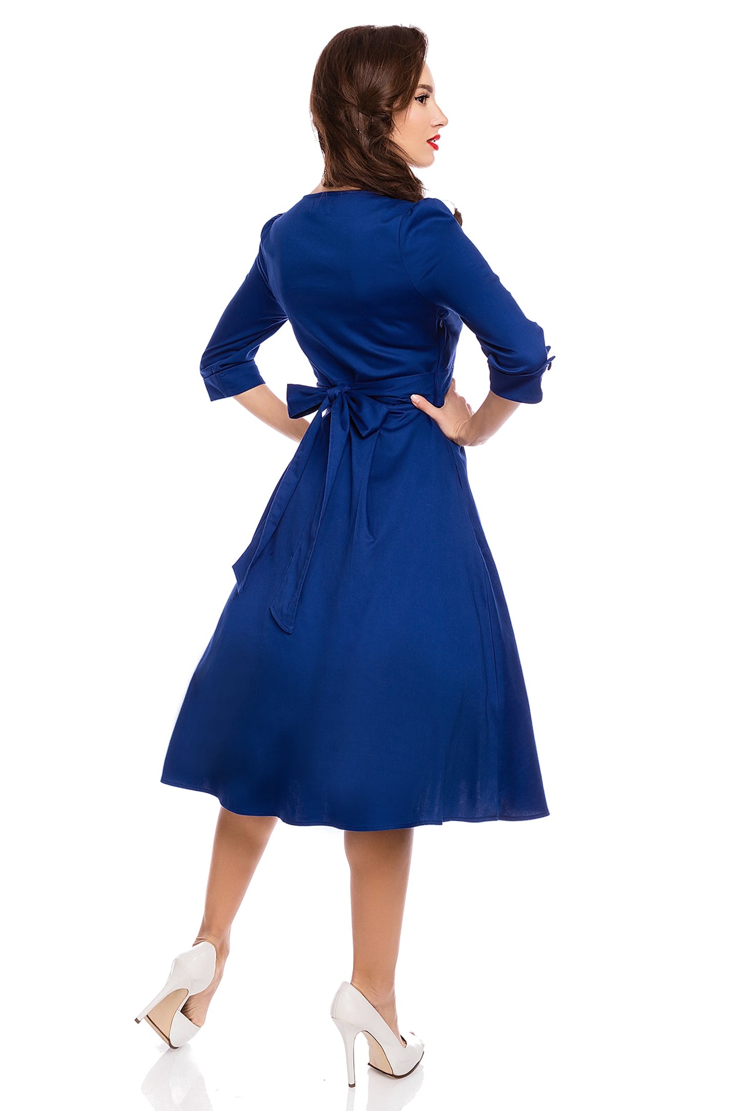 Katherine Long Sleeve 50s Style Swing Dress in Dark Blue