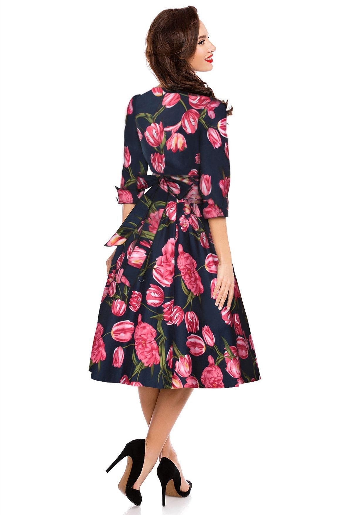 Katherine Long Sleeve 50s Swing Dress in Blue-Pink Tulips