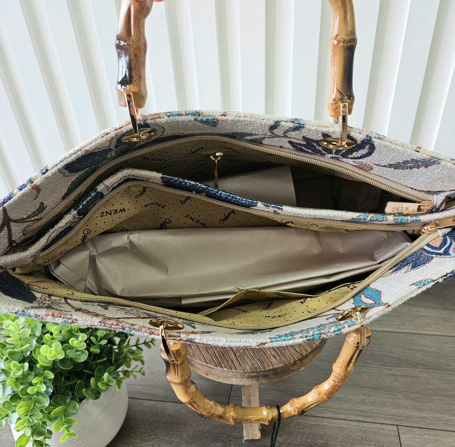 Navy Print Bag with Wood Handles