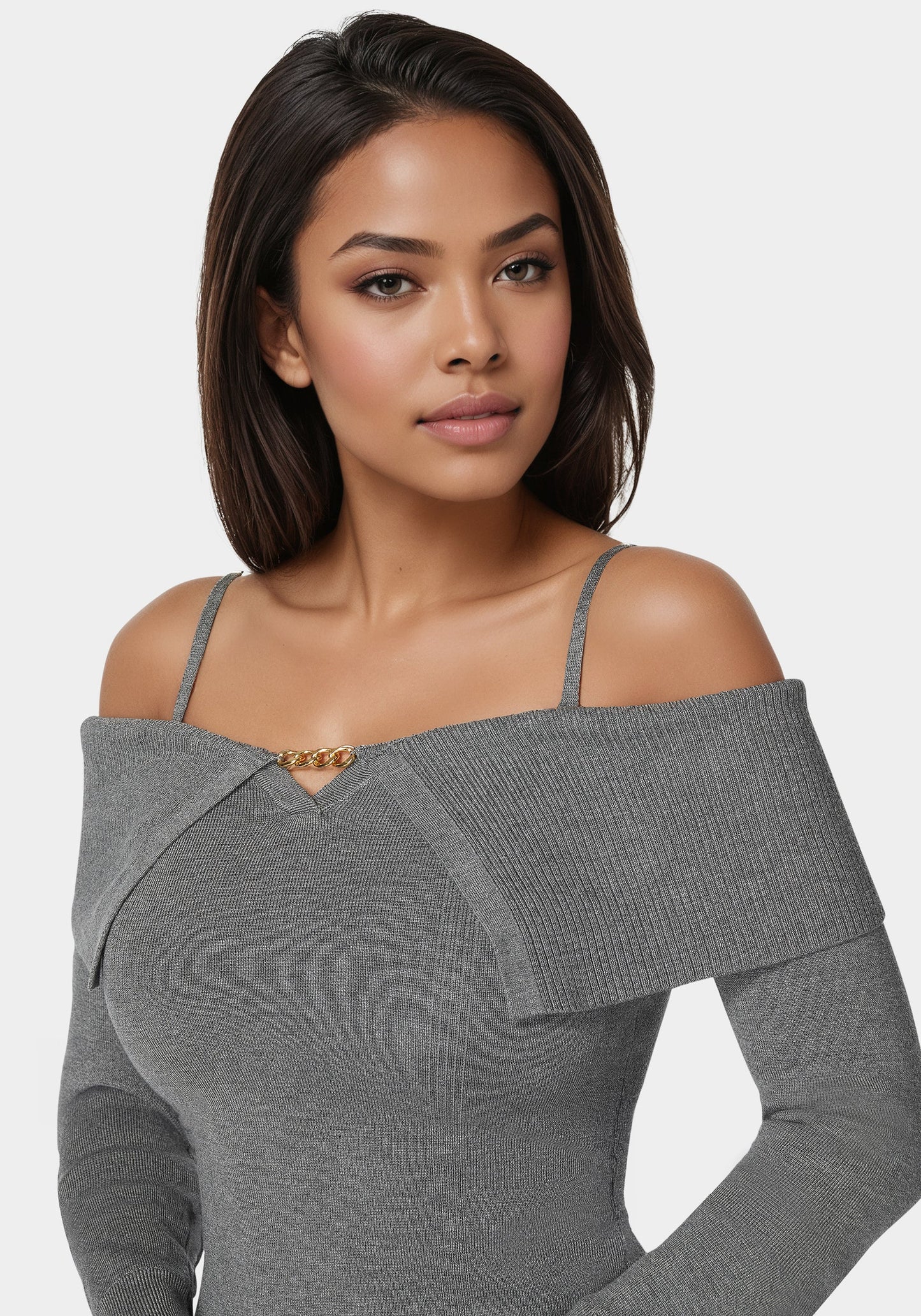Off Shoulder Fold Over Chain Detail Sweater