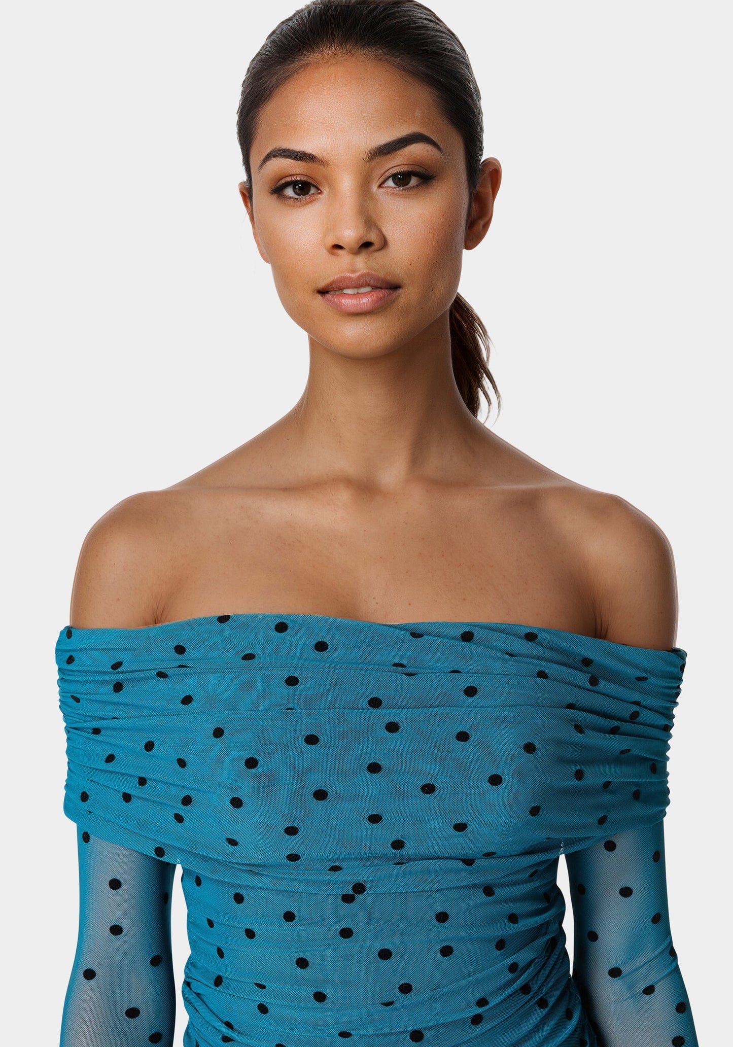 Off Shoulder Flocked Mesh Top
