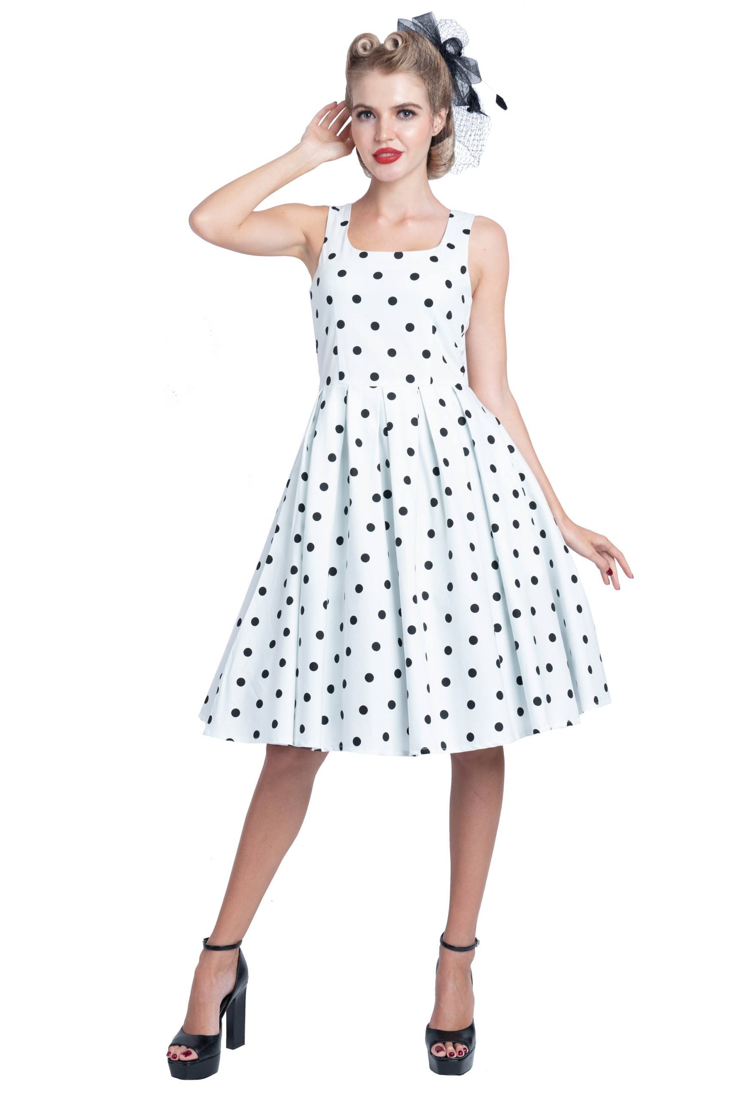 Amanda Scoop Neck Polka Dot Swing Dress in White-Black