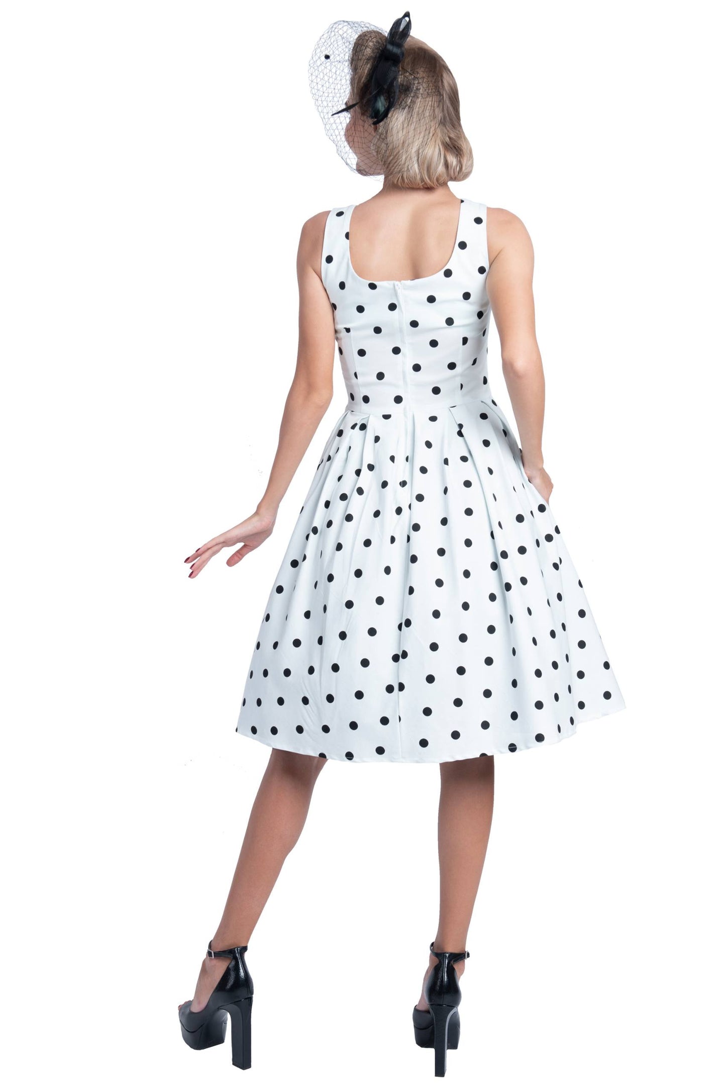 Amanda Scoop Neck Polka Dot Swing Dress in White-Black