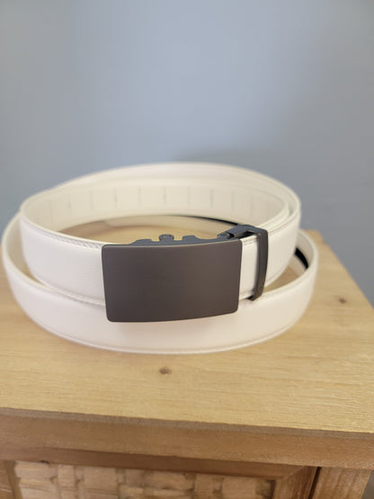 White Ratchet belt-Gunmetal Solid Buckle
