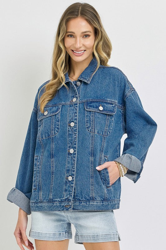 Mae Long Sleeve Button Down Oversized Denim Jacket Dark Wash