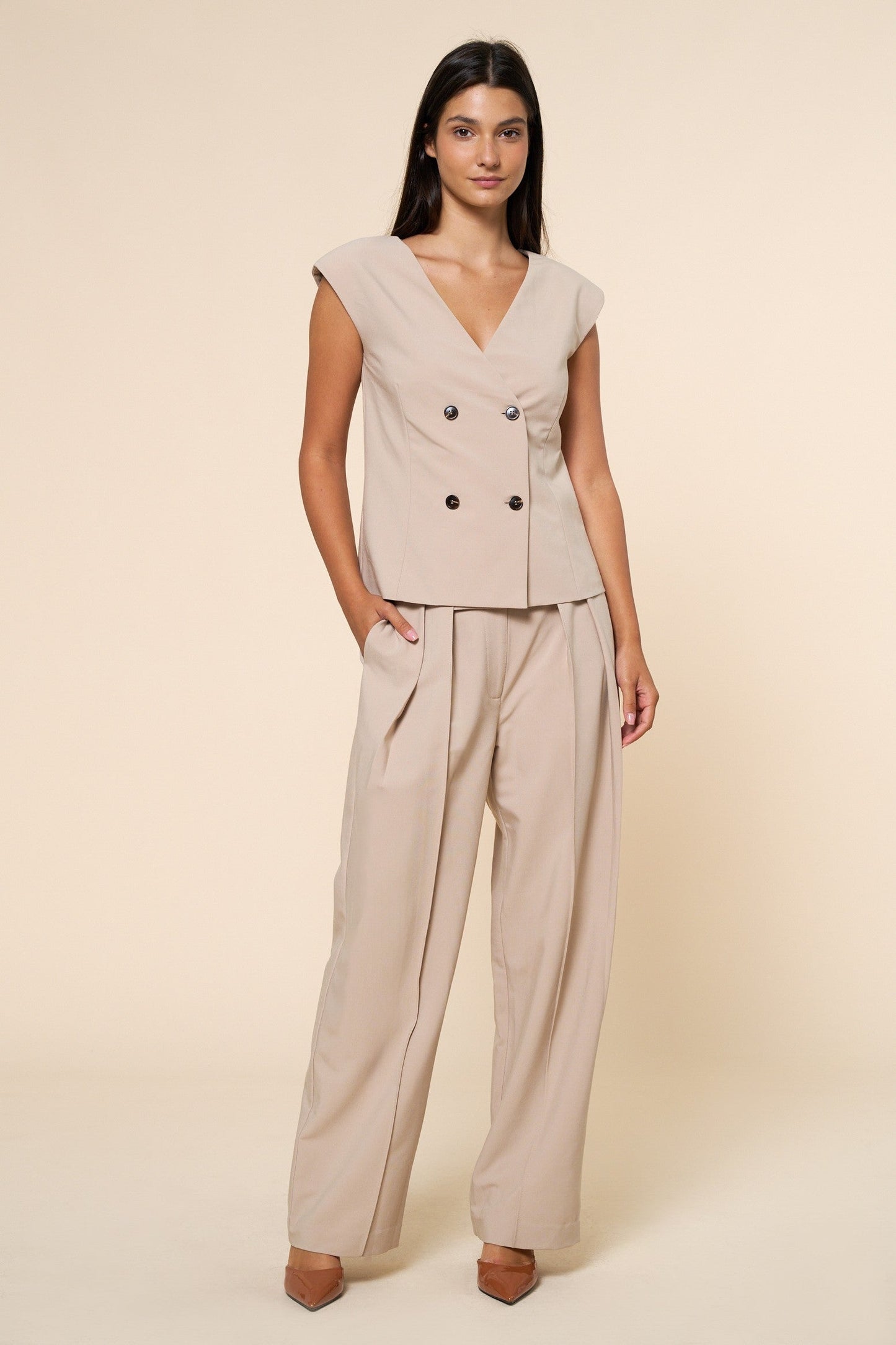 Marley Short Cap Sleeve Button Down Double Breasted Top Taupe