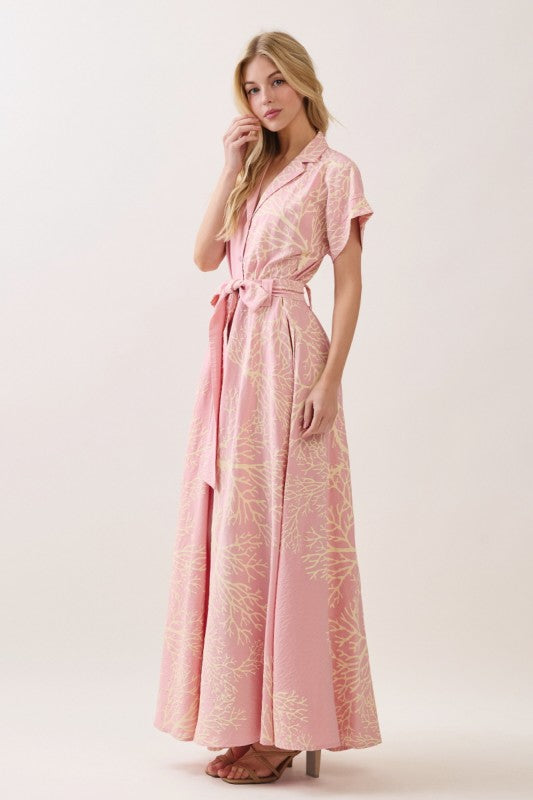 Heidi Short Sleeve Waist Tie Coral Print Maxi Dress Pink