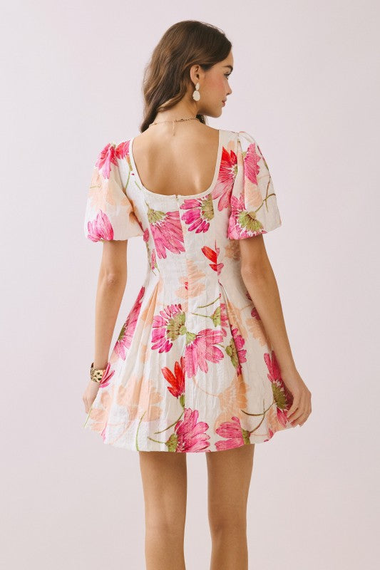 Franny Short Bubble Sleeve Floral Print Mini Dress Pink