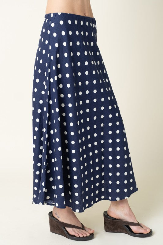 Nicole High Waist Polka Dot Print Maxi Skirt Navy