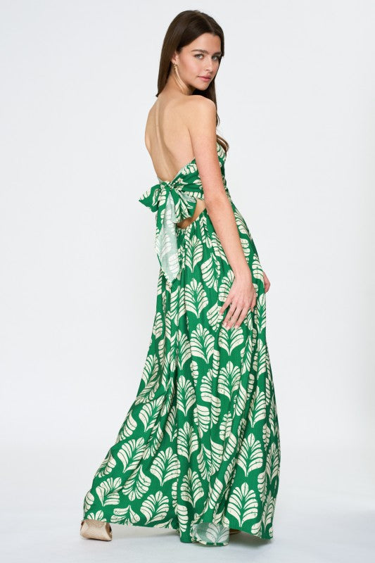 Fara Sleeveless Leaf Print Maxi Dress Green