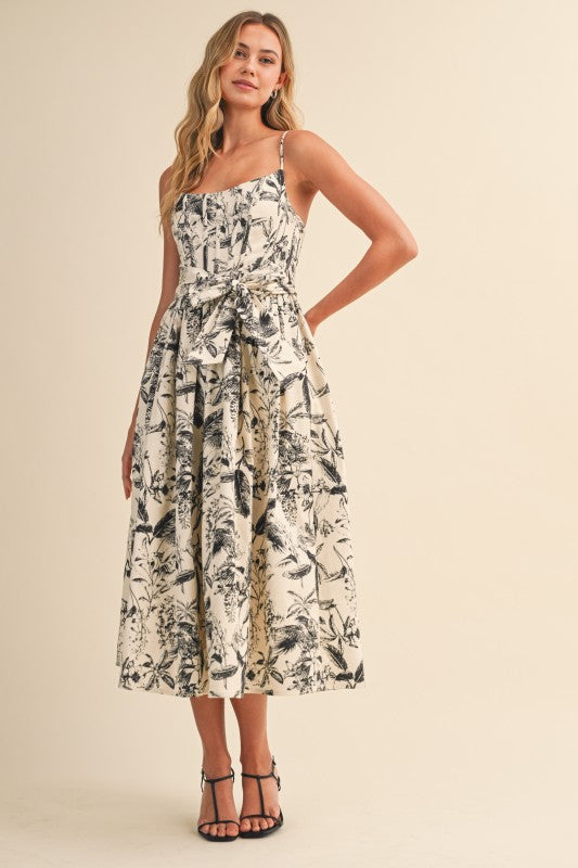 Waitlist 7/20 • Lauren Sleeveless Waist Tie Floral Print Midi Dress Black