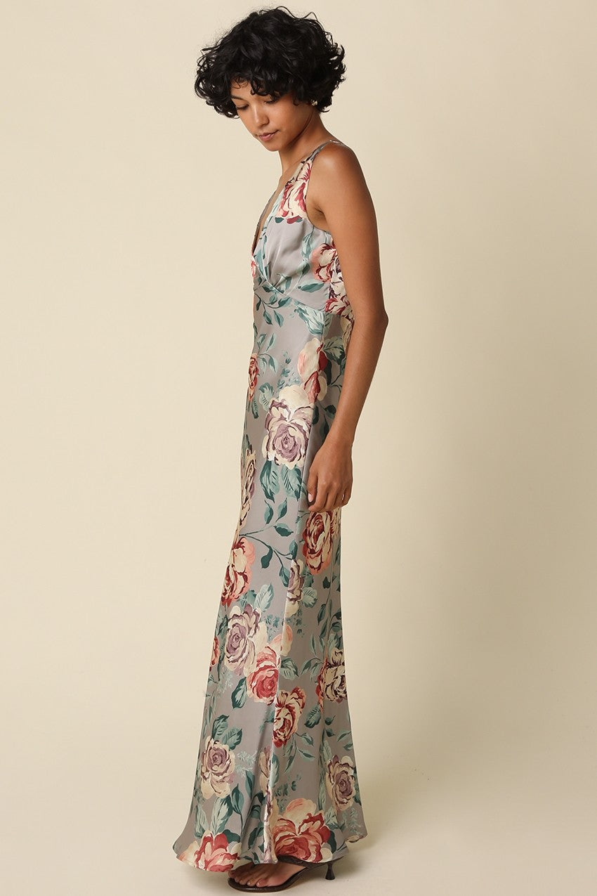 Waitlist 8/20 • Rosa Sleeveless Open Back Elegant Floral Print Satin Maxi Dress Sage
