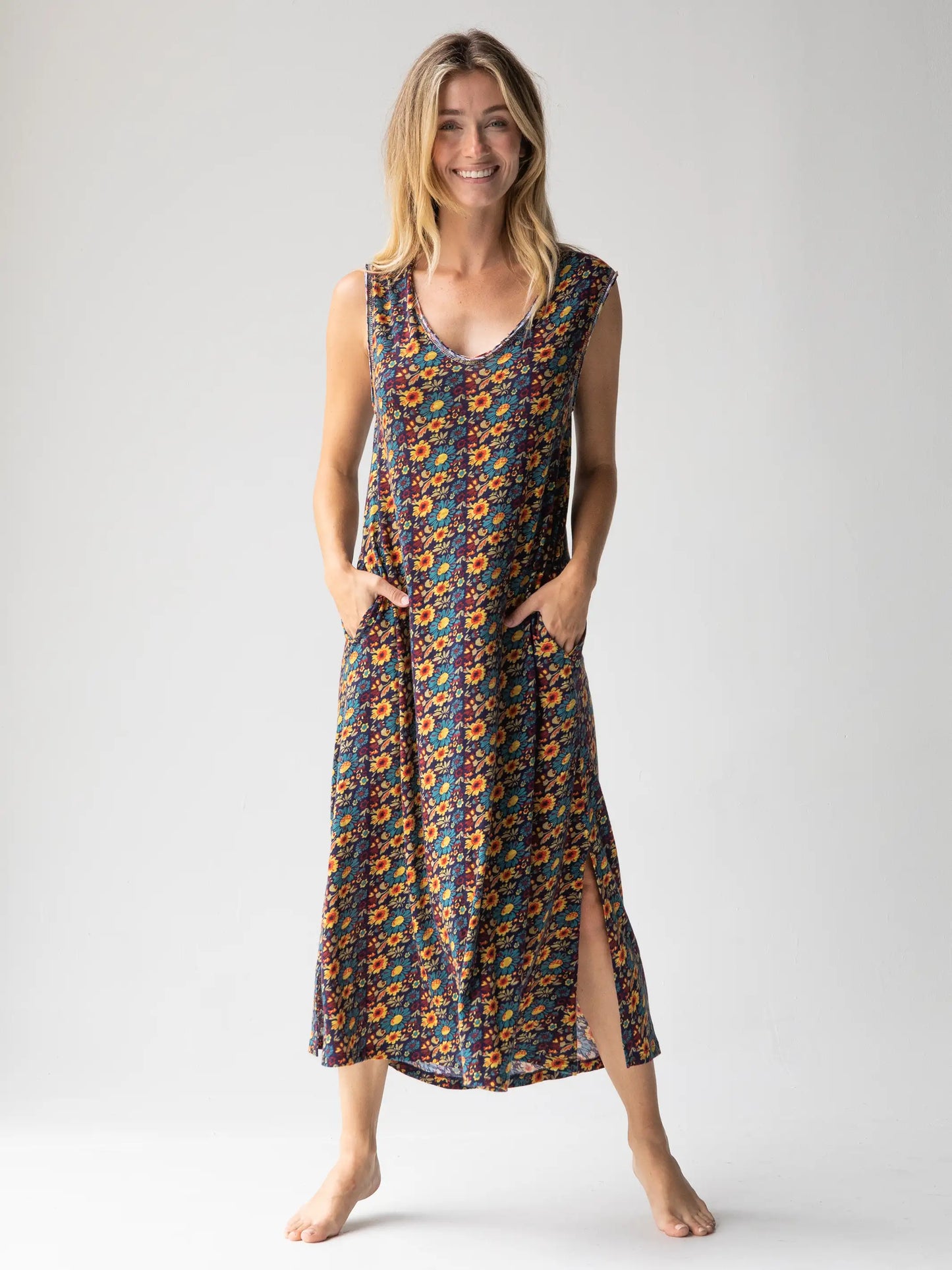 Hangout Cotton Midi Dress - Olive Navy Floral