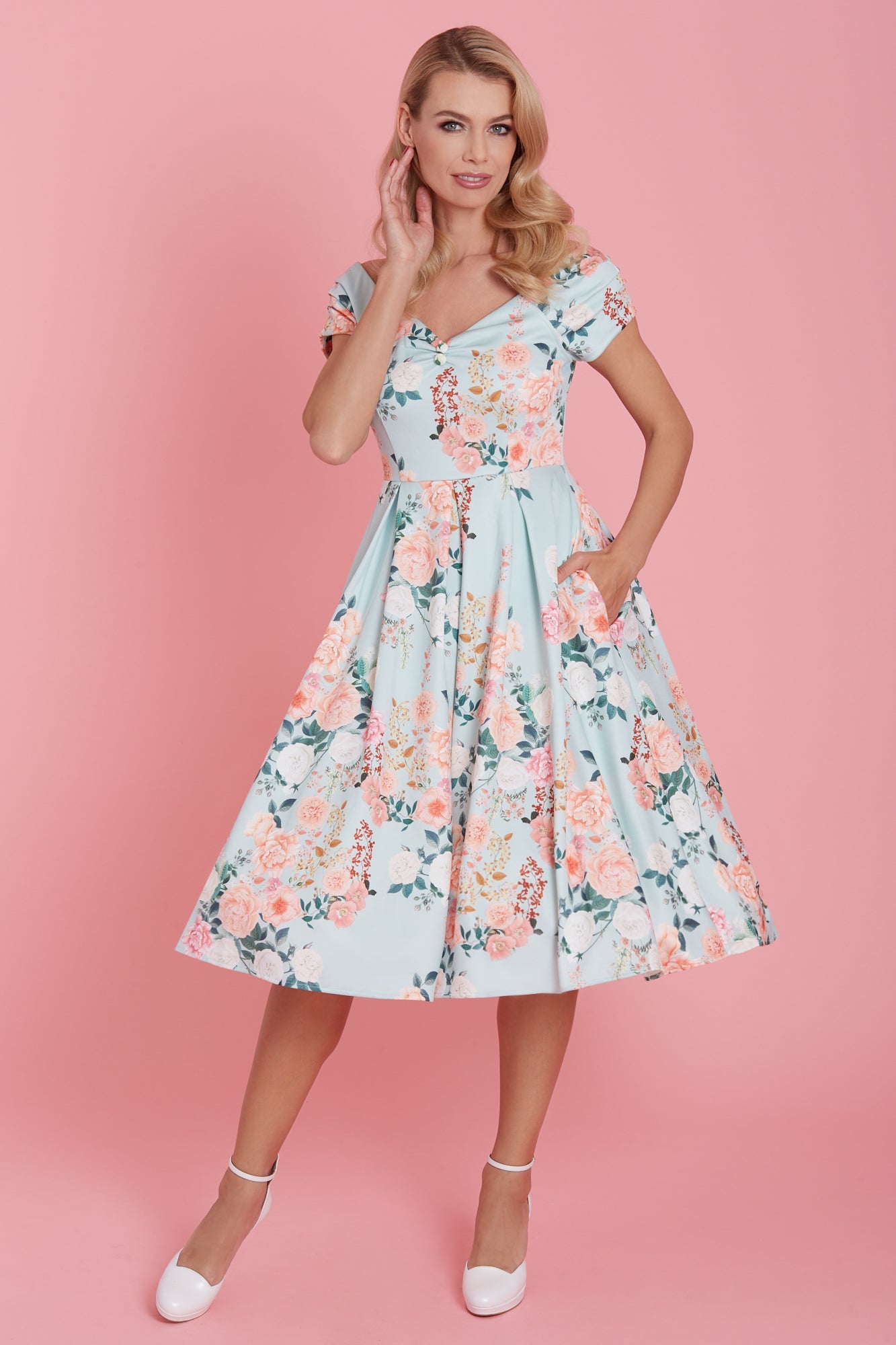 Lily 50s Style Floral Off Shoulder Dress In Mint