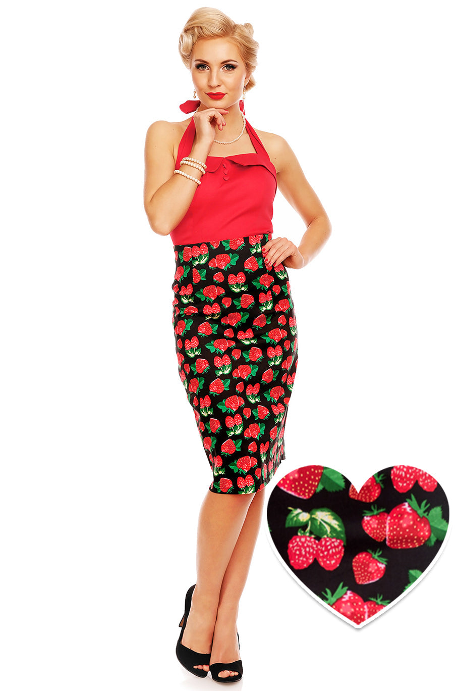 Falda 50s Style Pencil Skirt in Black Strawberry