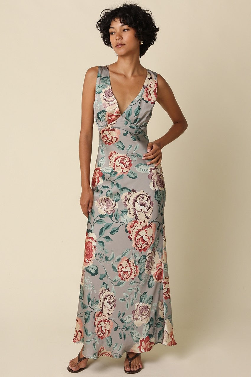 Waitlist 8/20 • Rosa Sleeveless Open Back Elegant Floral Print Satin Maxi Dress Sage