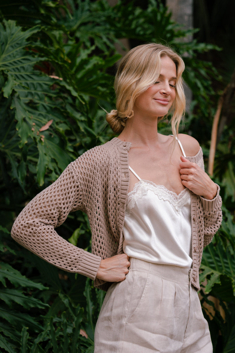 Laverne Long Sleeve Button Down Crochet Cardigan Mocha