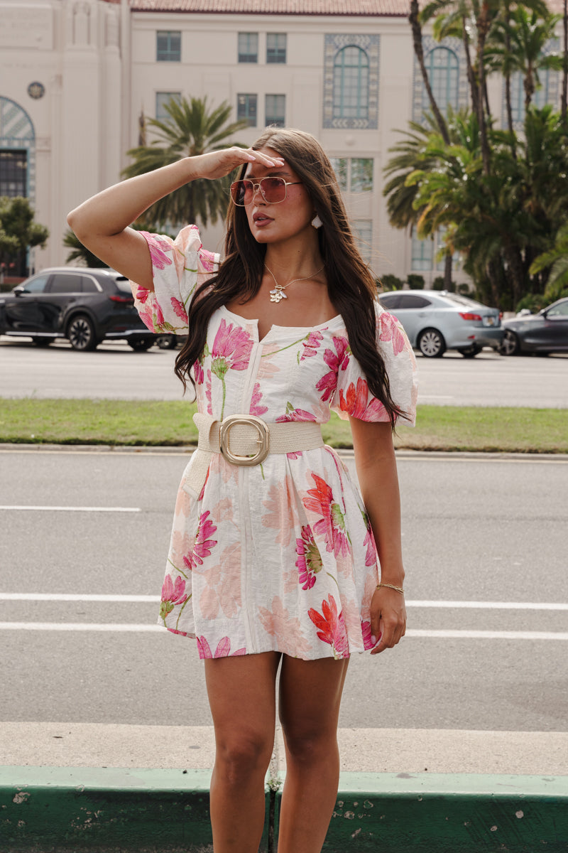 Franny Short Bubble Sleeve Floral Print Mini Dress Pink