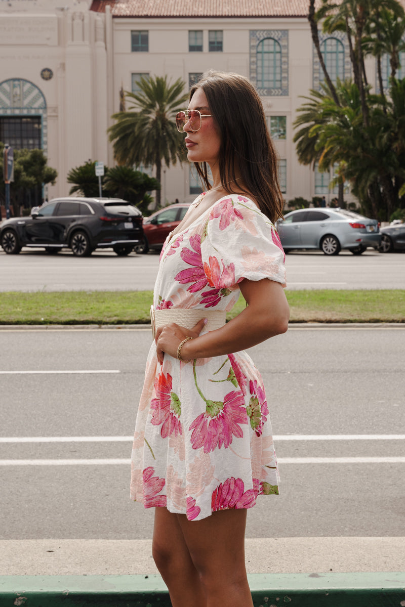 Franny Short Bubble Sleeve Floral Print Mini Dress Pink
