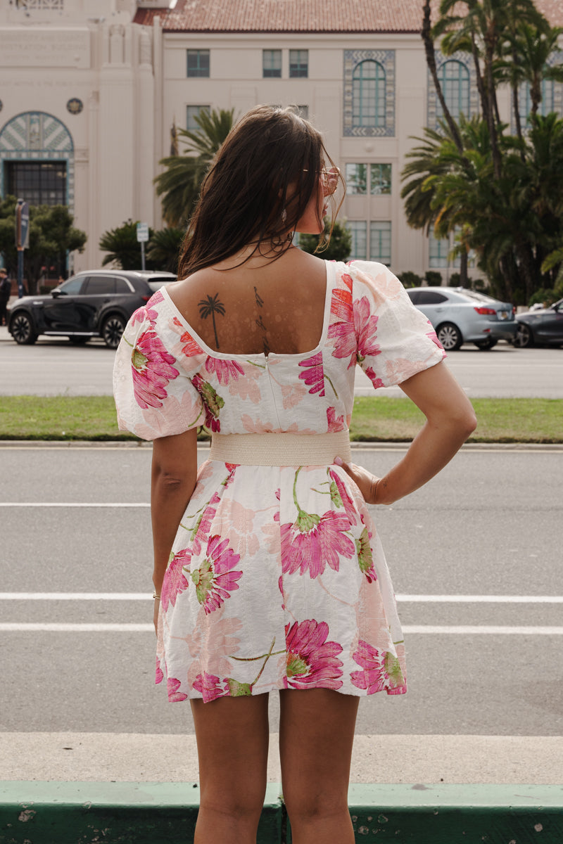 Franny Short Bubble Sleeve Floral Print Mini Dress Pink