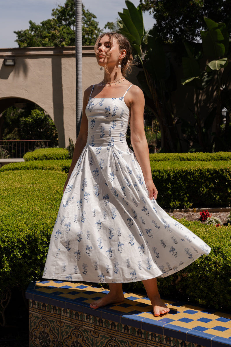 Kiernan Sleeveless A-Line Floral Print Midi Dress Blue