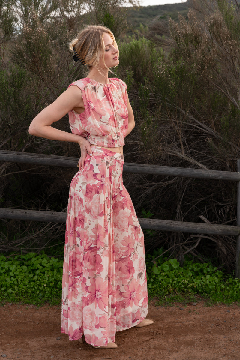 Elowen High Waist Wide Leg Floral Print Pants Pink