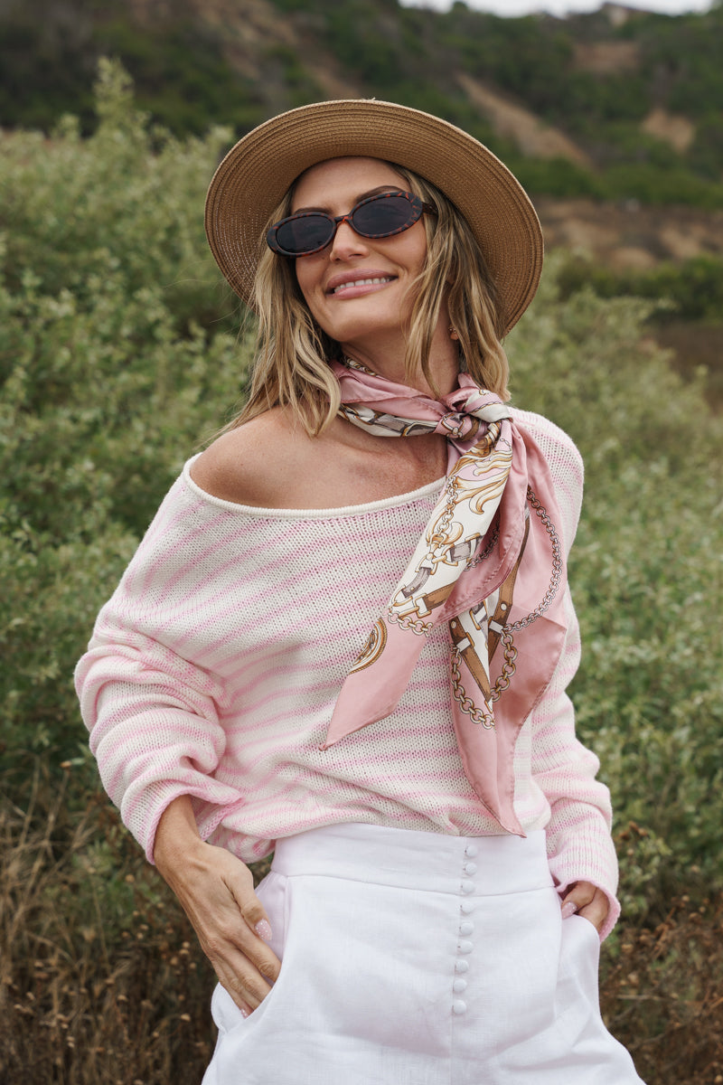 Ada Long Sleeve Stripe Print Knit Top Pink