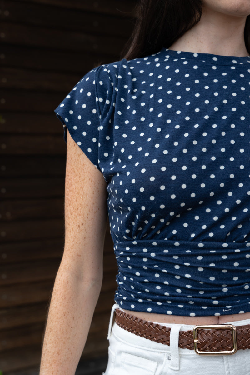 Jocelyn Short Sleeve Polka Dot Print Crop Top Navy