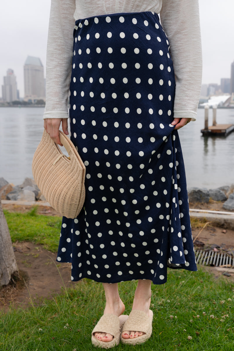 Nicole High Waist Polka Dot Print Maxi Skirt Navy