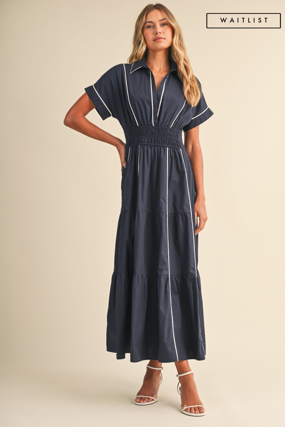Waitlist 7/25 • Anya Short Sleeve Contrast Piping Maxi Dress Navy