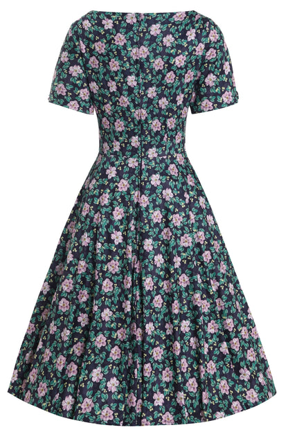 Brenda Black/Purple Floral Flared Day Dress