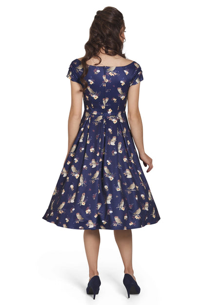 Lily Off Shoulder Navy Owl Swing Dress