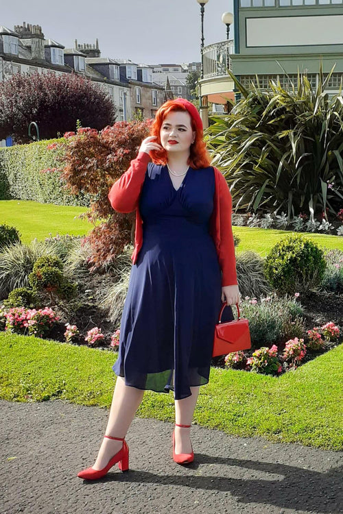 Elise 1940's Inspired Balloon Sleeves Chiffon Swing Dress in Navy