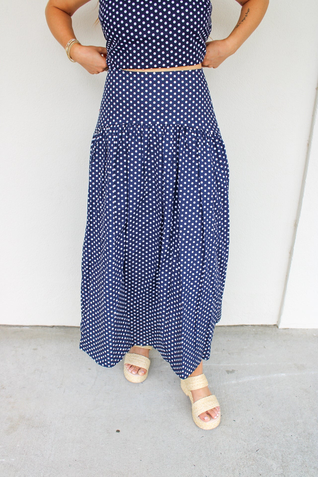 Jane Polka Dot Drop Waist Maxi Skirt