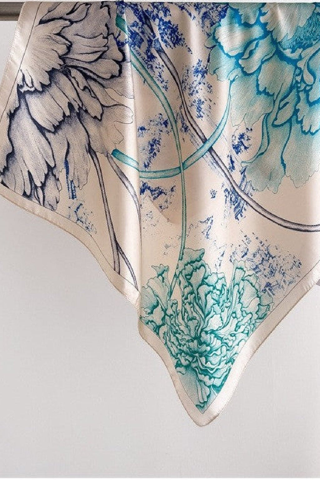 Ginger Floral Print Square Cozy Wrap Scarf Blue Cream
