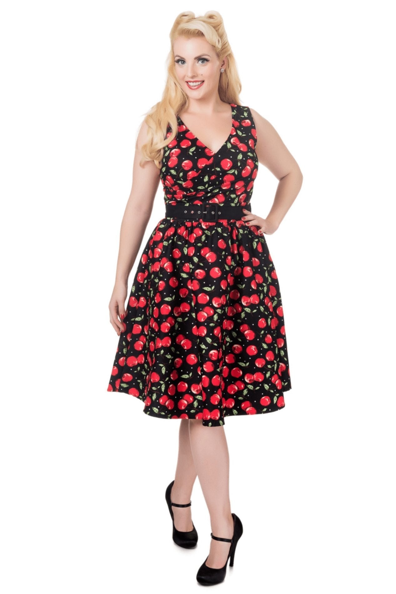 May Cherry Print V Neck Flared Dress