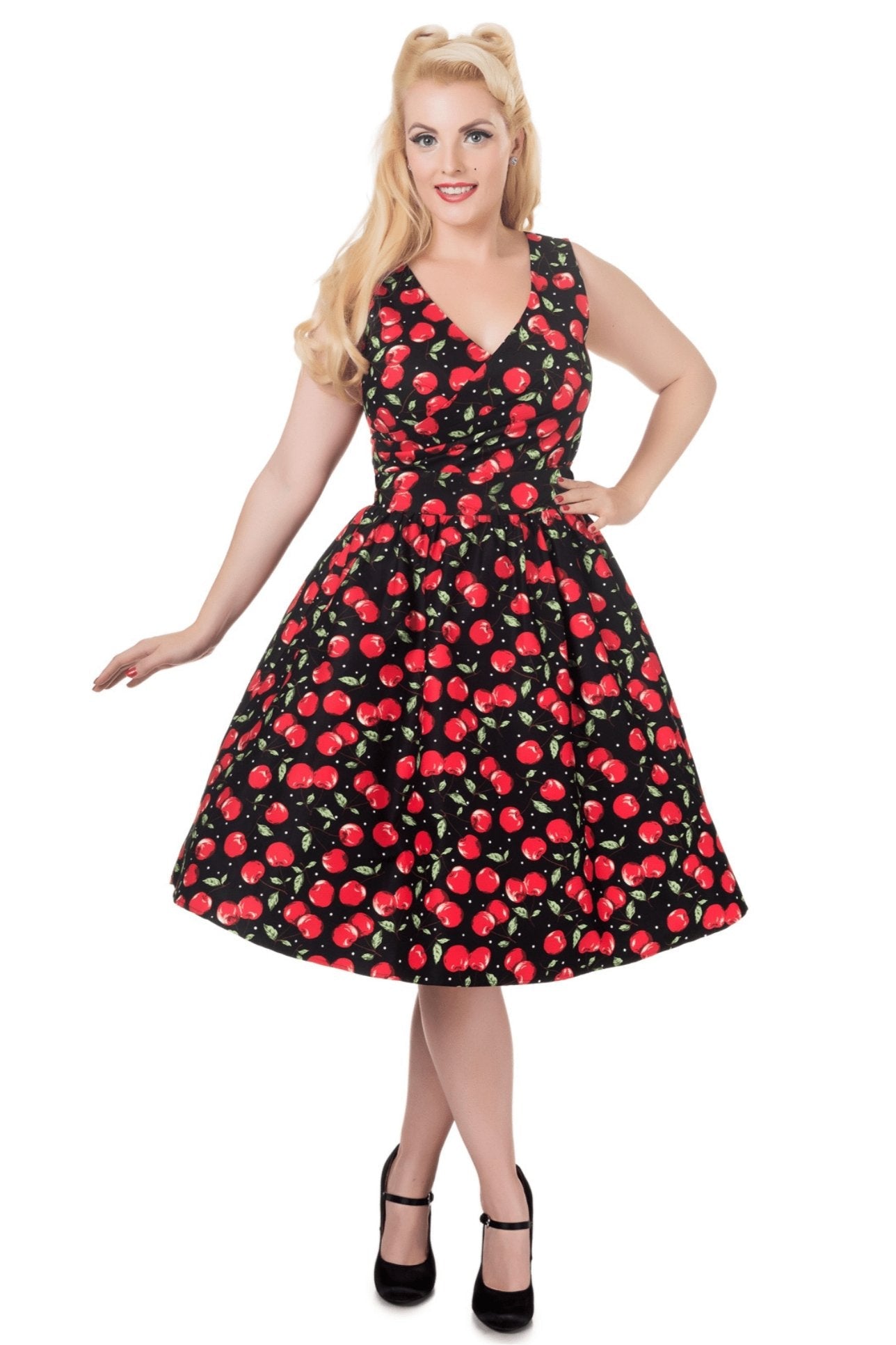 May Cherry Print V Neck Flared Dress