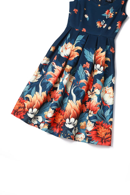 Amanda Dark Blue Flower Garden Swing Dress