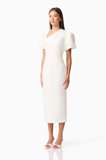 Hester Puff Sleeve Midi Dress in White