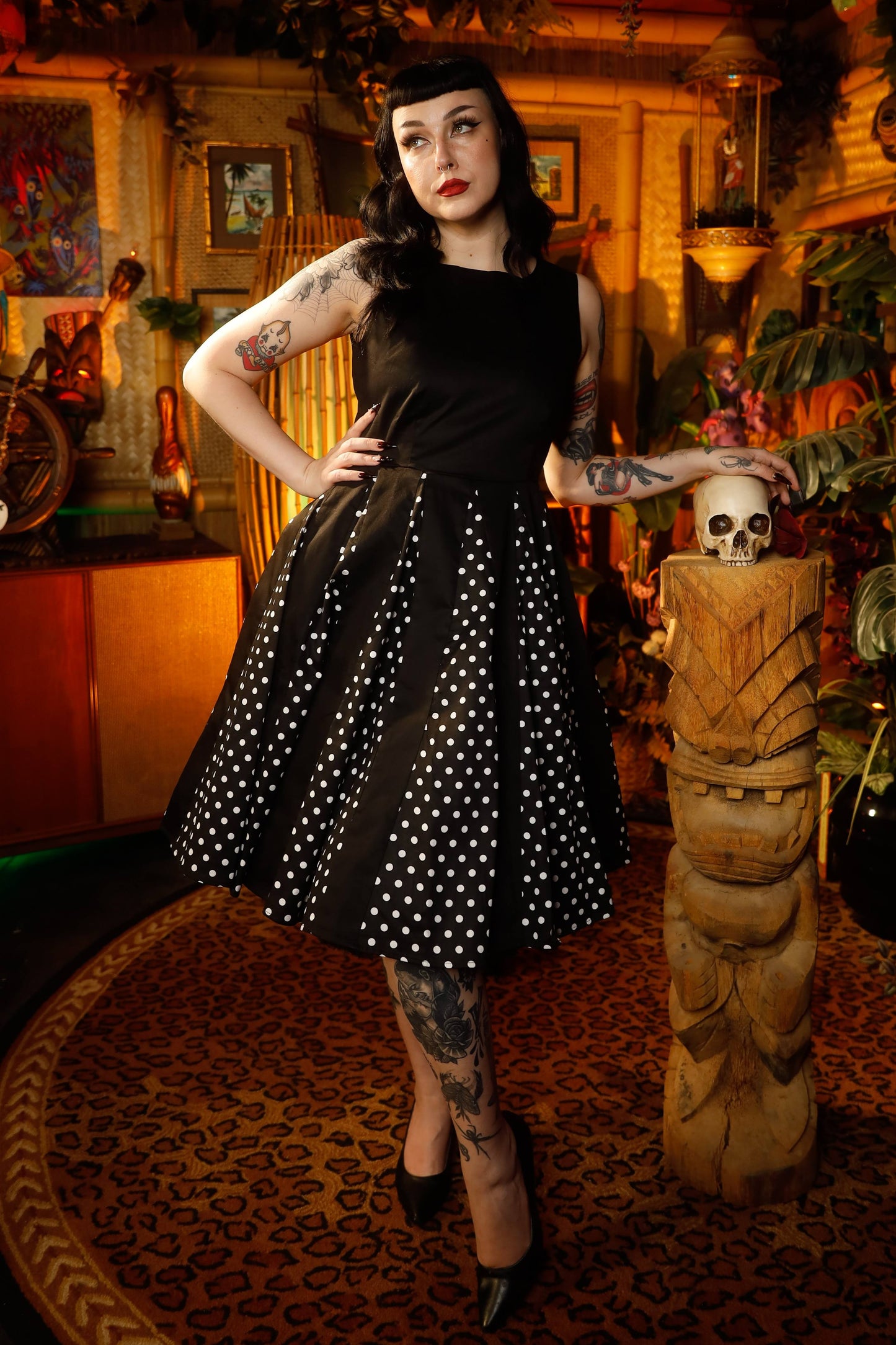 Judith Retro Pleated Black Dress With Polka Dots