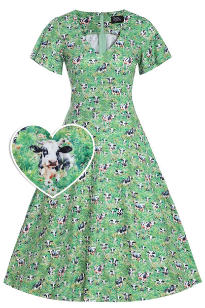 Palma Short Sleeved Tea Dress in Green Cow Field Print