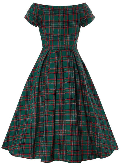 Lily Green Tartan Off Shoulder Swing Dress