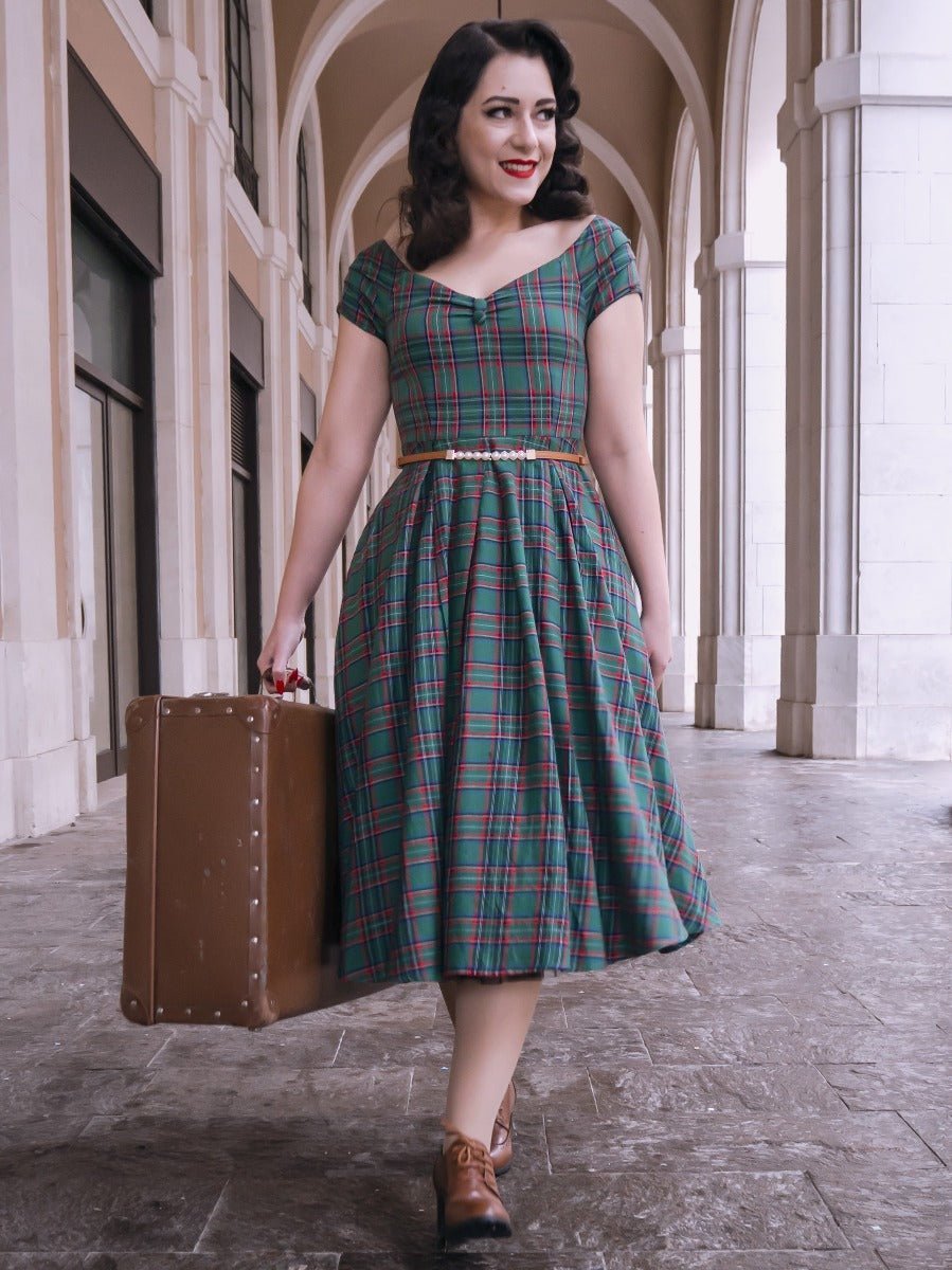 Lily Green Tartan Off Shoulder Swing Dress