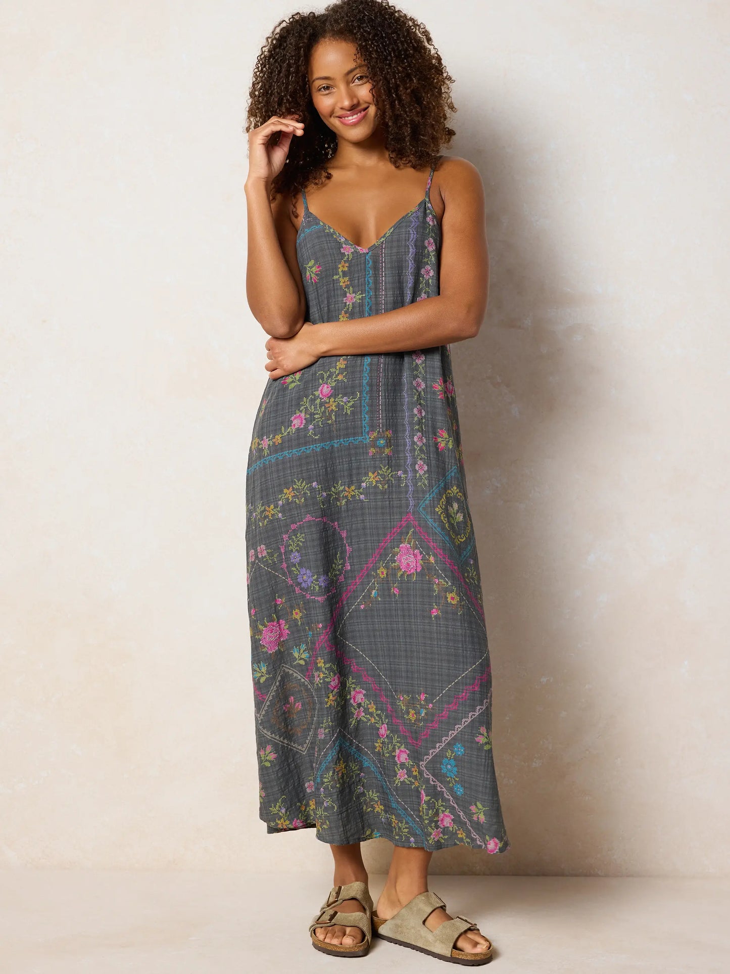 Gracie Slip Maxi Dress - Heirloom Cross Stitch Charcoal