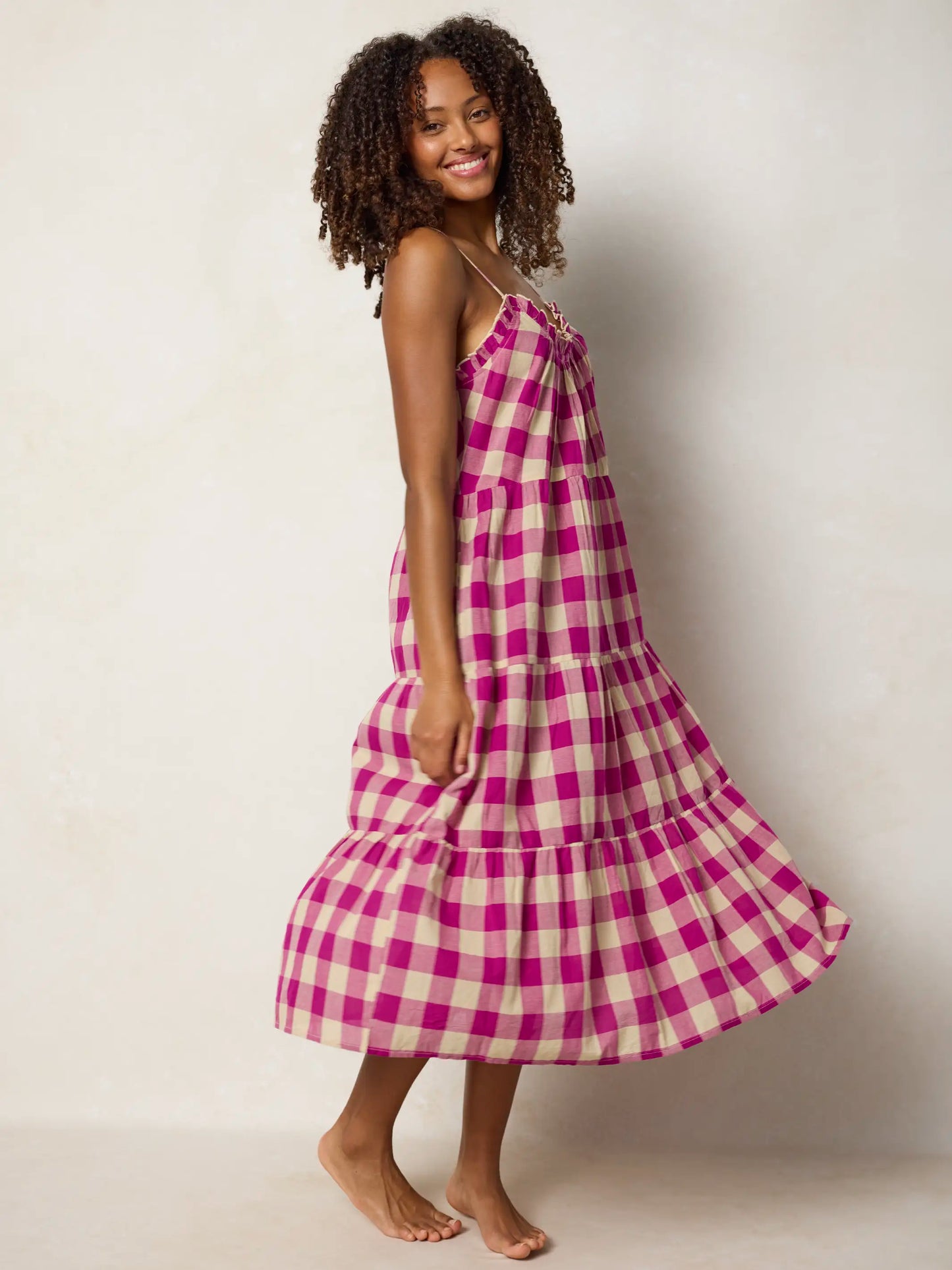 Harley Cotton Midi Dress - Fuchsia Gingham
