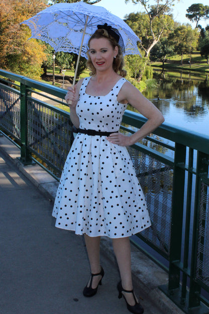 Amanda Scoop Neck Polka Dot Swing Dress in White-Black