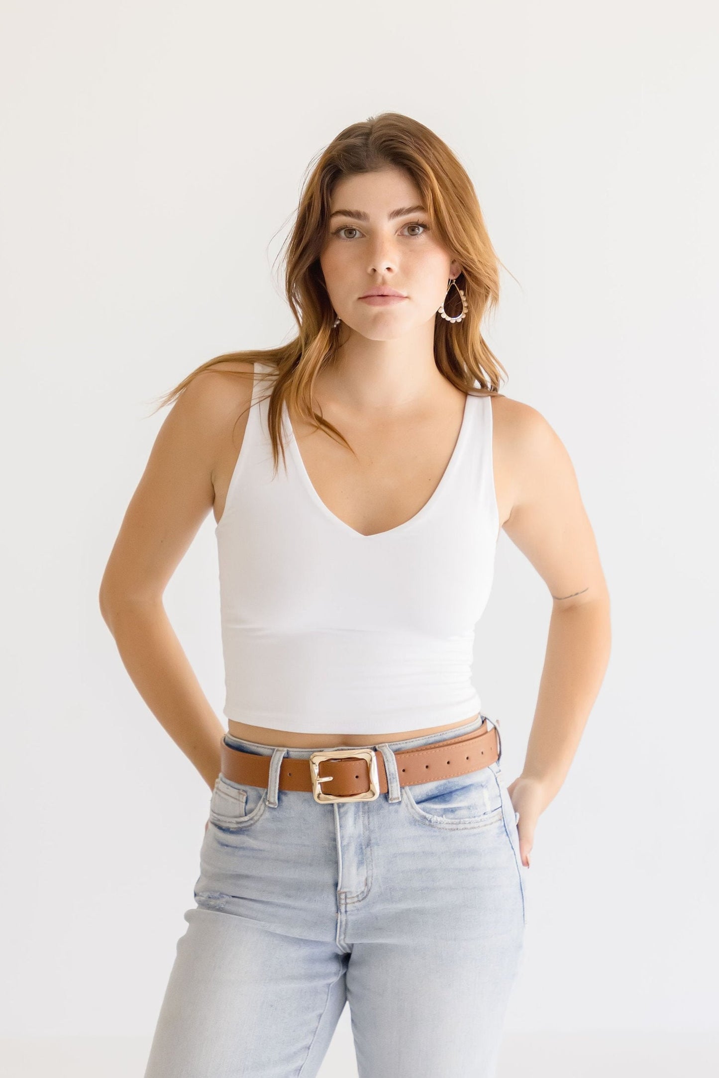 Diana Rectangle Metal Buckle Vegan Leather Belt Cognac